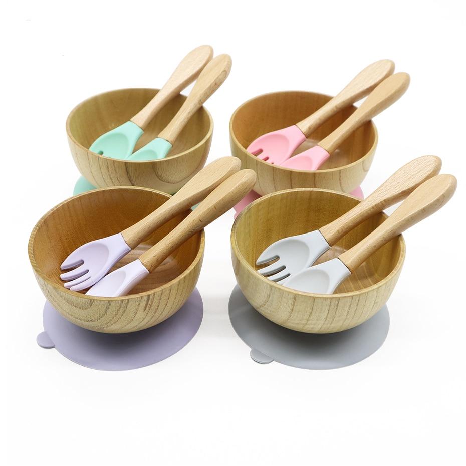Silicone and Wood Baby Feeding Bowl