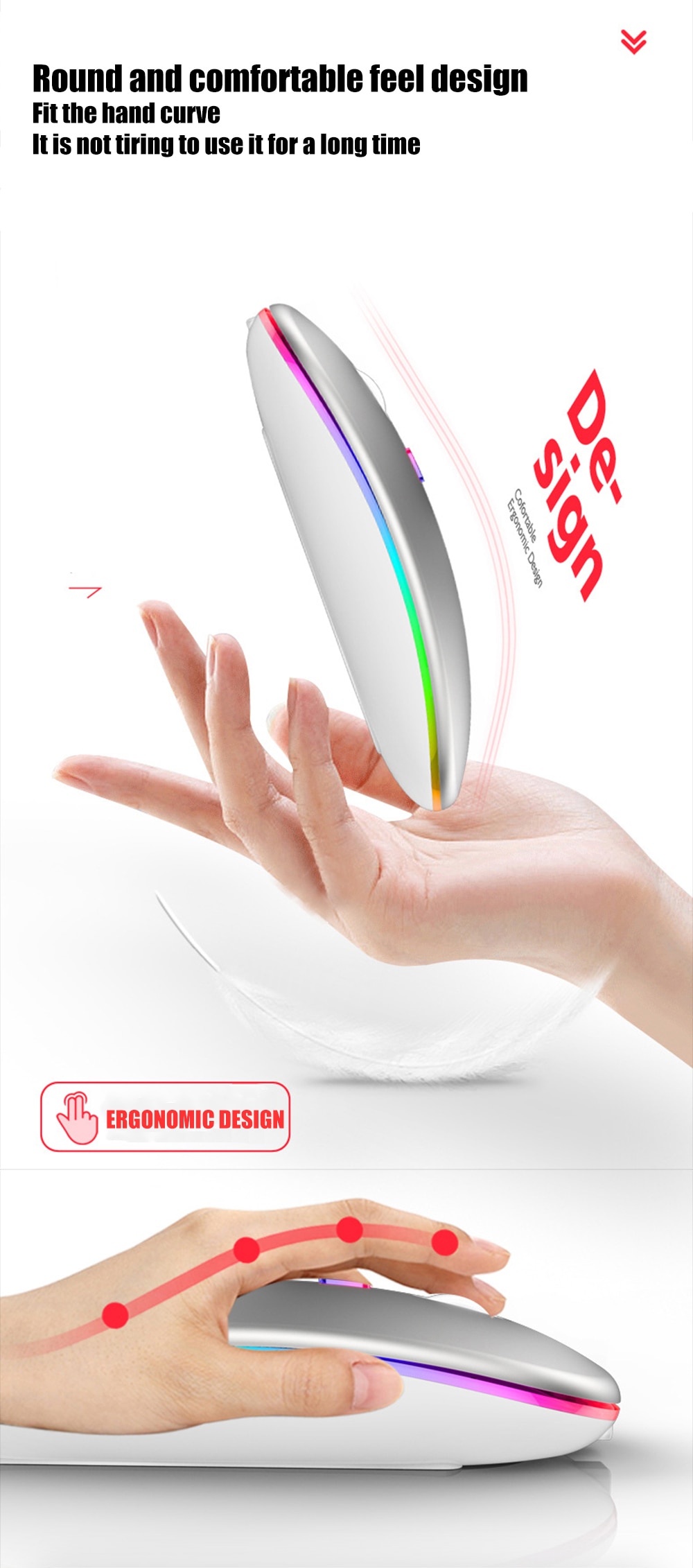 Wireless Rainbow LED Flat Ergonomic Mouse