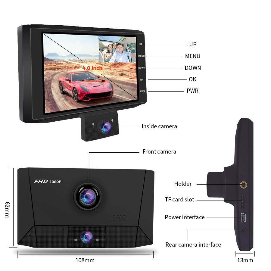 Solid Black Design 3 Lens FHD 1080P Dashcam