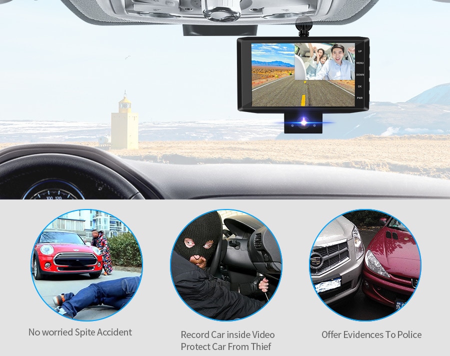Solid Black Design 3 Lens FHD 1080P Dashcam