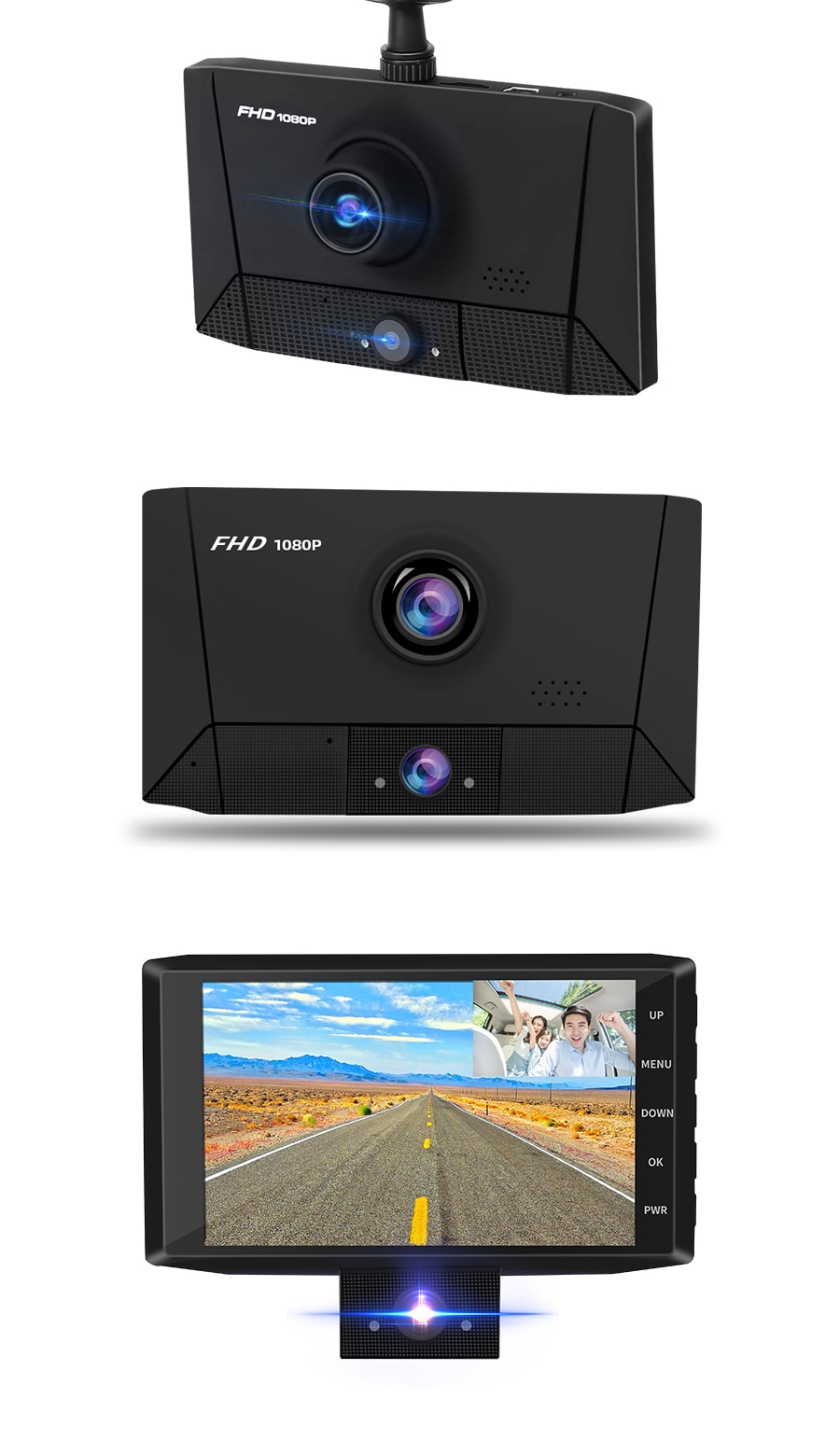 Solid Black Design 3 Lens FHD 1080P Dashcam