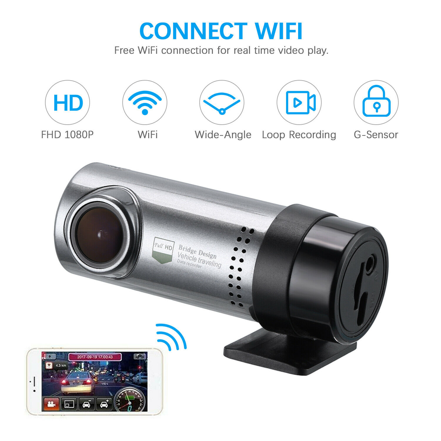 Tube Design 1080P WiFi Dashcam with G-Sensor
