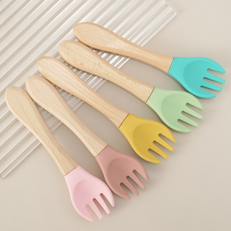 Baby's Wooden Handle Fork and Spoon Set
