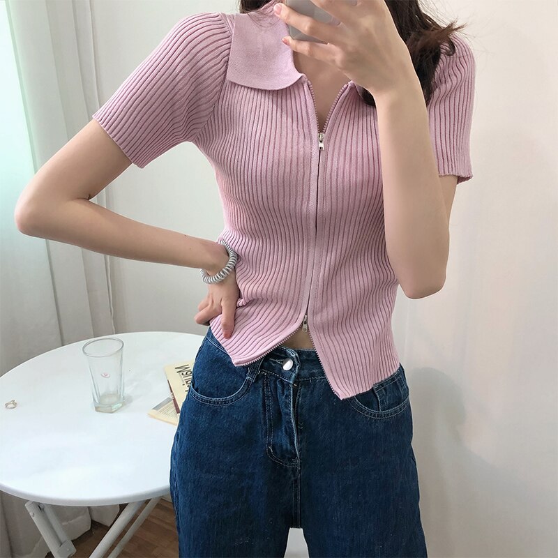 Women's Polo Collar Slim Knitted Top