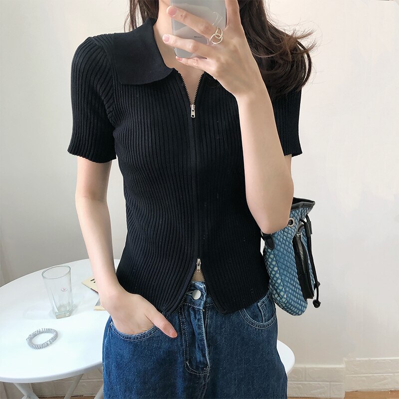 Women's Polo Collar Slim Knitted Top