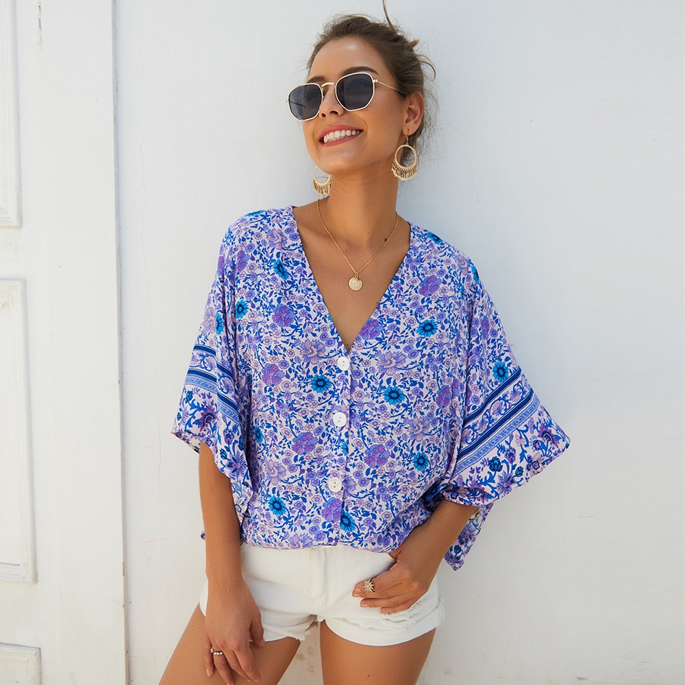 V-Neck Women's Blouse in Vintage Style