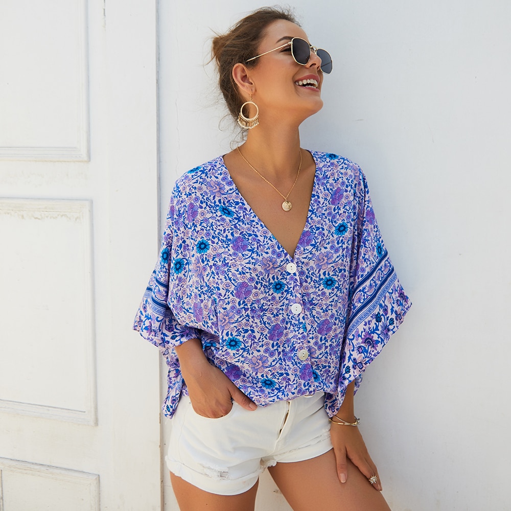 V-Neck Women's Blouse in Vintage Style