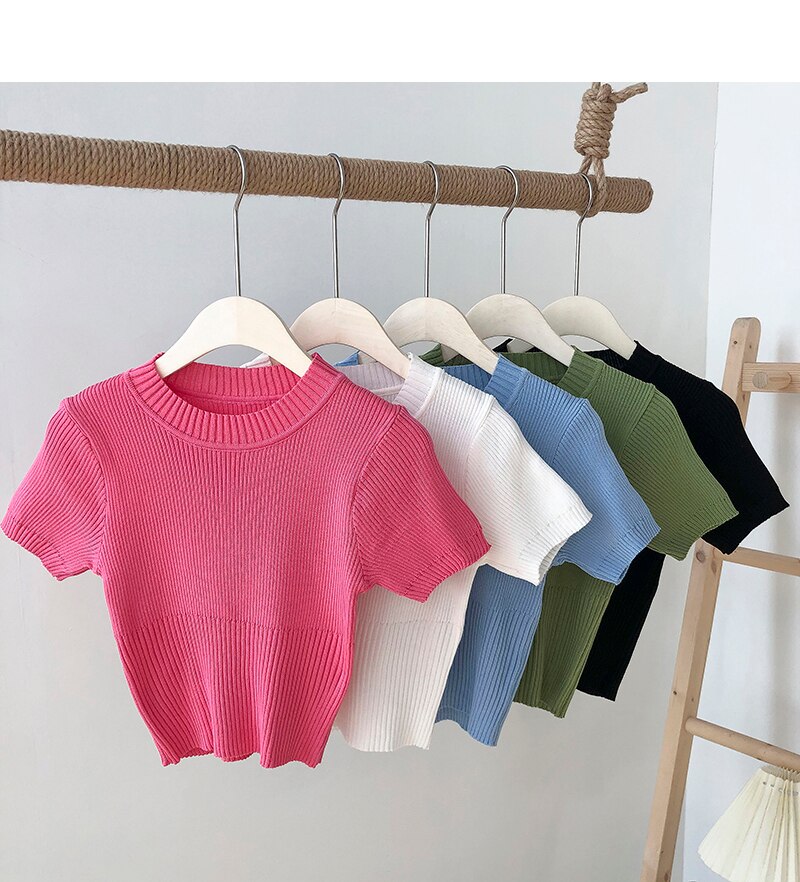 Women's Short Sleeved Knitted Crop Top