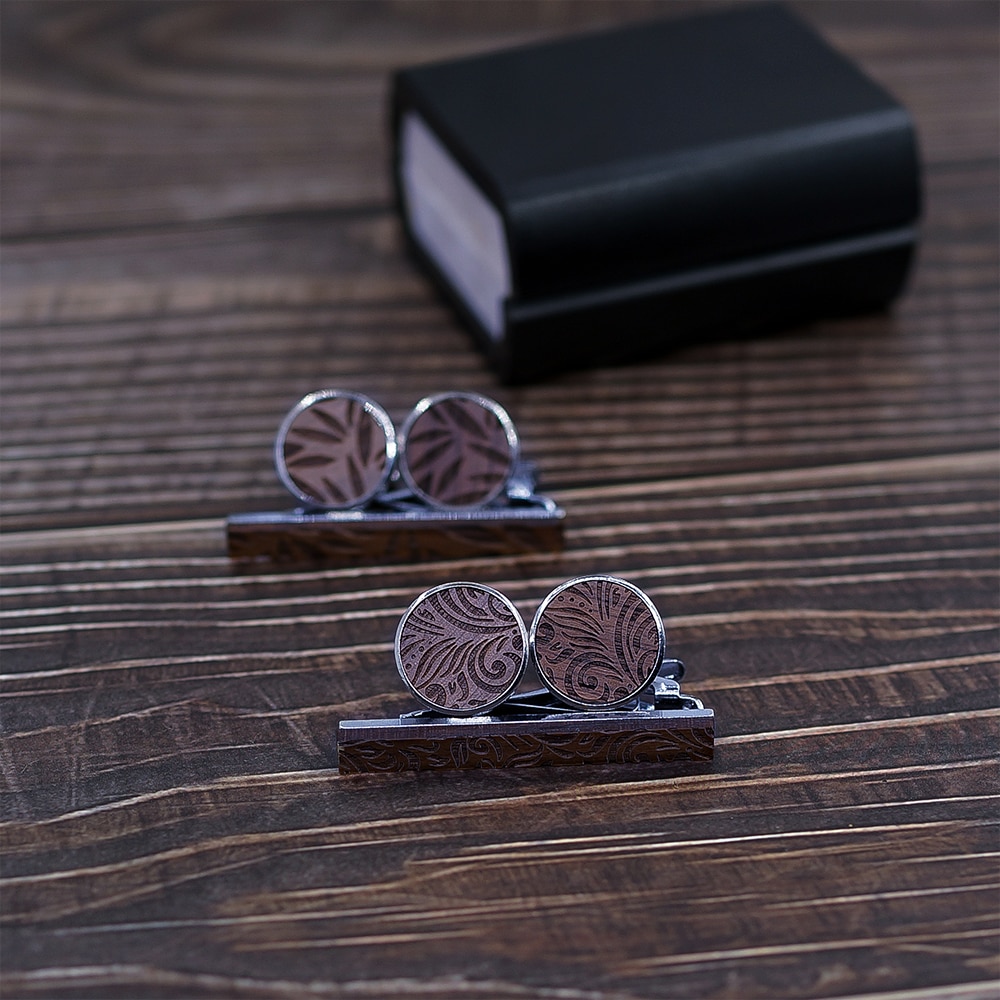 Men's Vintage Wooden Cufflinks and Tie Clip