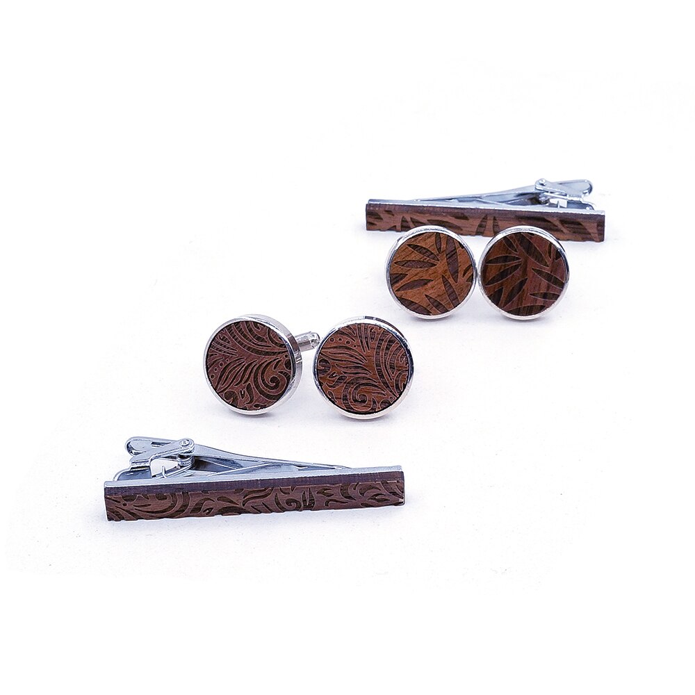 Men's Vintage Wooden Cufflinks and Tie Clip