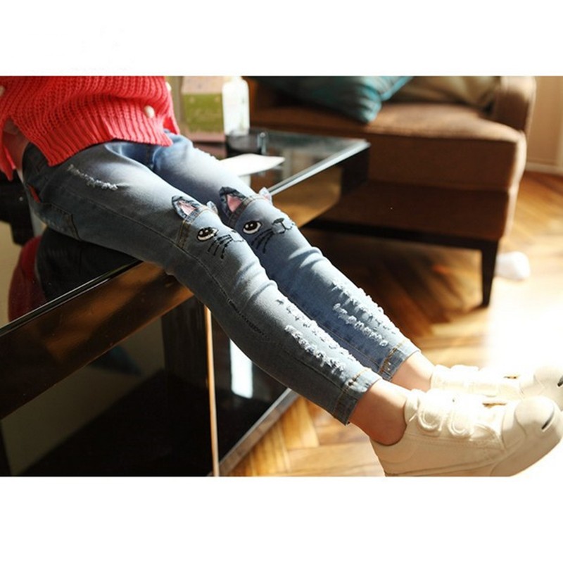 Girls' Cat Printed Jeans with Elastic Waist