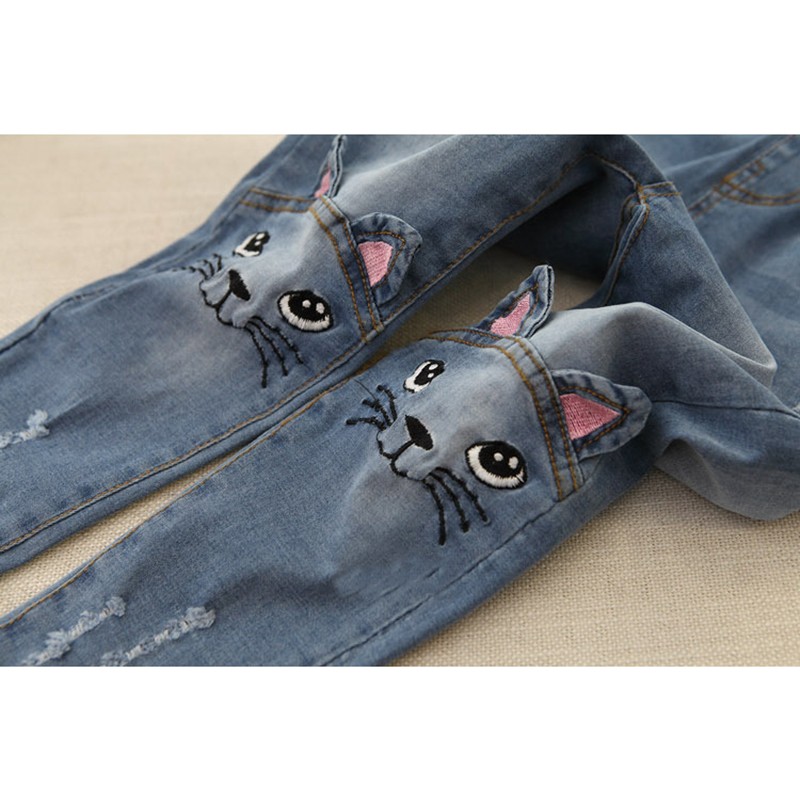 Girls' Cat Printed Jeans with Elastic Waist