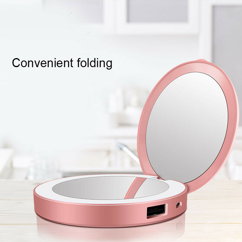 Portable Round Makeup Mirror with LED Light and Powerbank