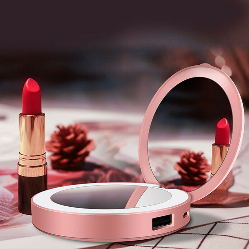 Portable Round Makeup Mirror with LED Light and Powerbank