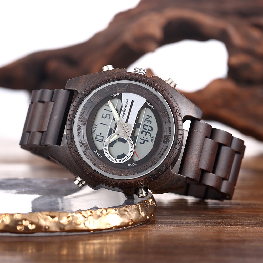 Men's Double Display Digital Wooden Watch