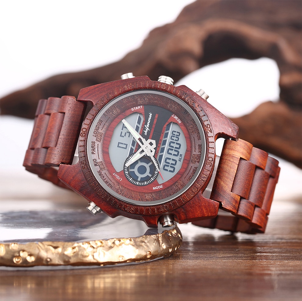 Men's Double Display Digital Wooden Watch