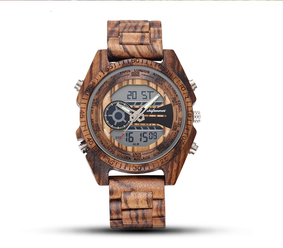 Men's Double Display Digital Wooden Watch