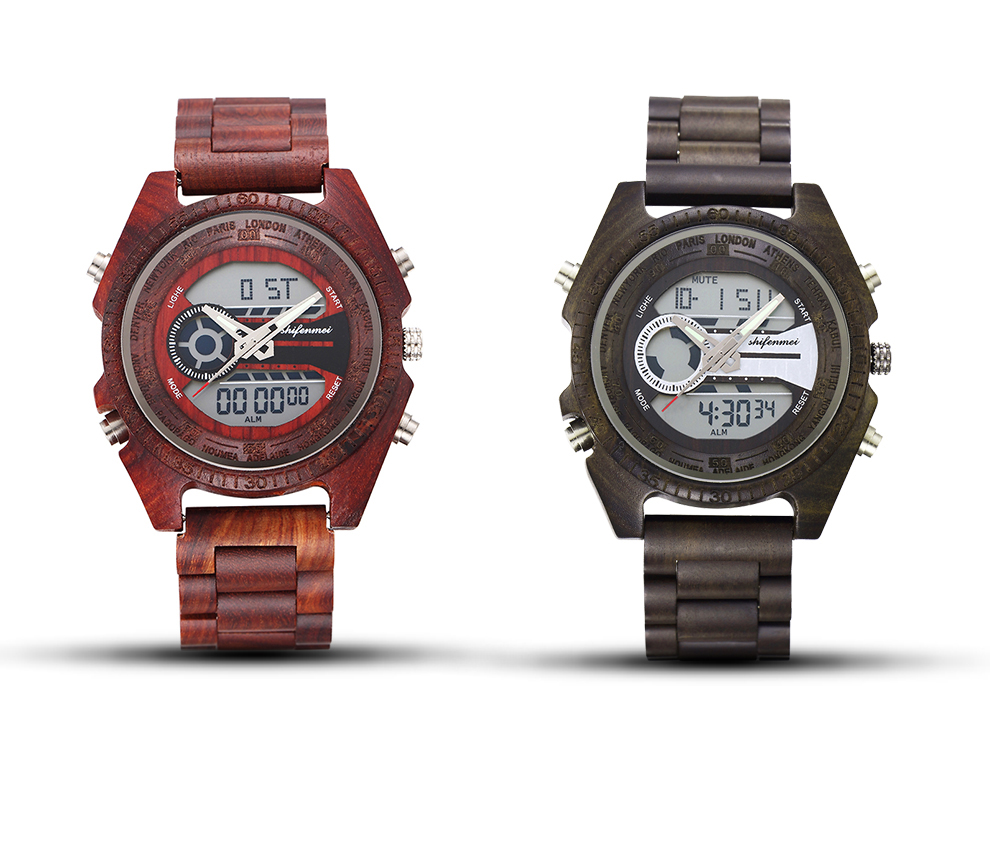 Men's Double Display Digital Wooden Watch