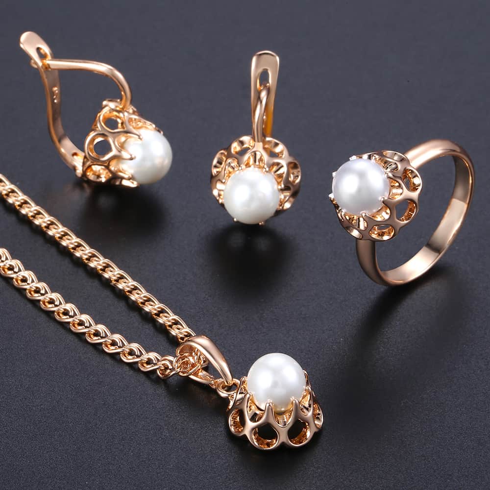 Rose Gold Pearl Jewelry Set For Women