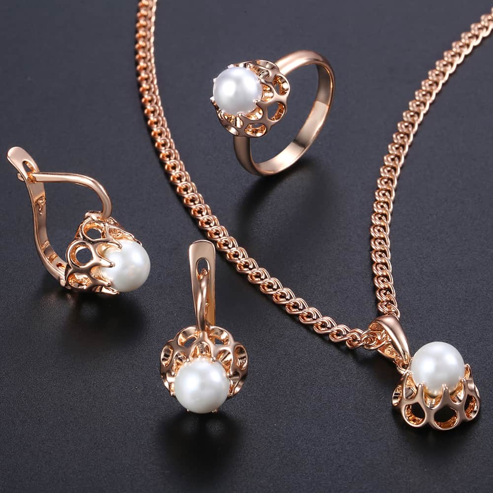Rose Gold Pearl Jewelry Set For Women