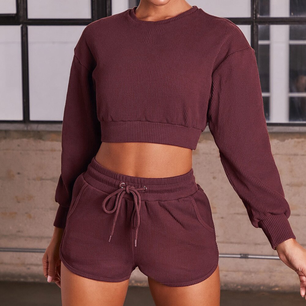 Women's Ribbed Cotton Sports Crop Top and Shorts Set
