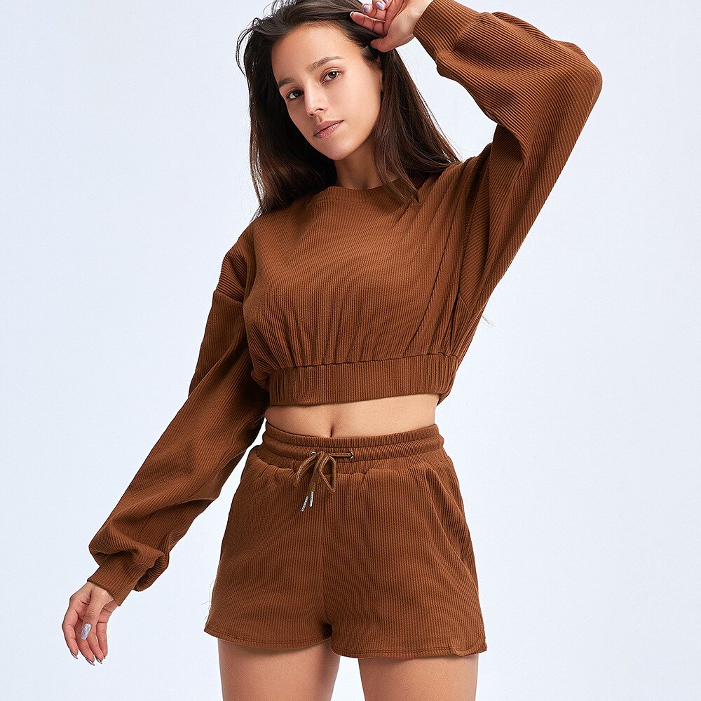 Women's Ribbed Cotton Sports Crop Top and Shorts Set