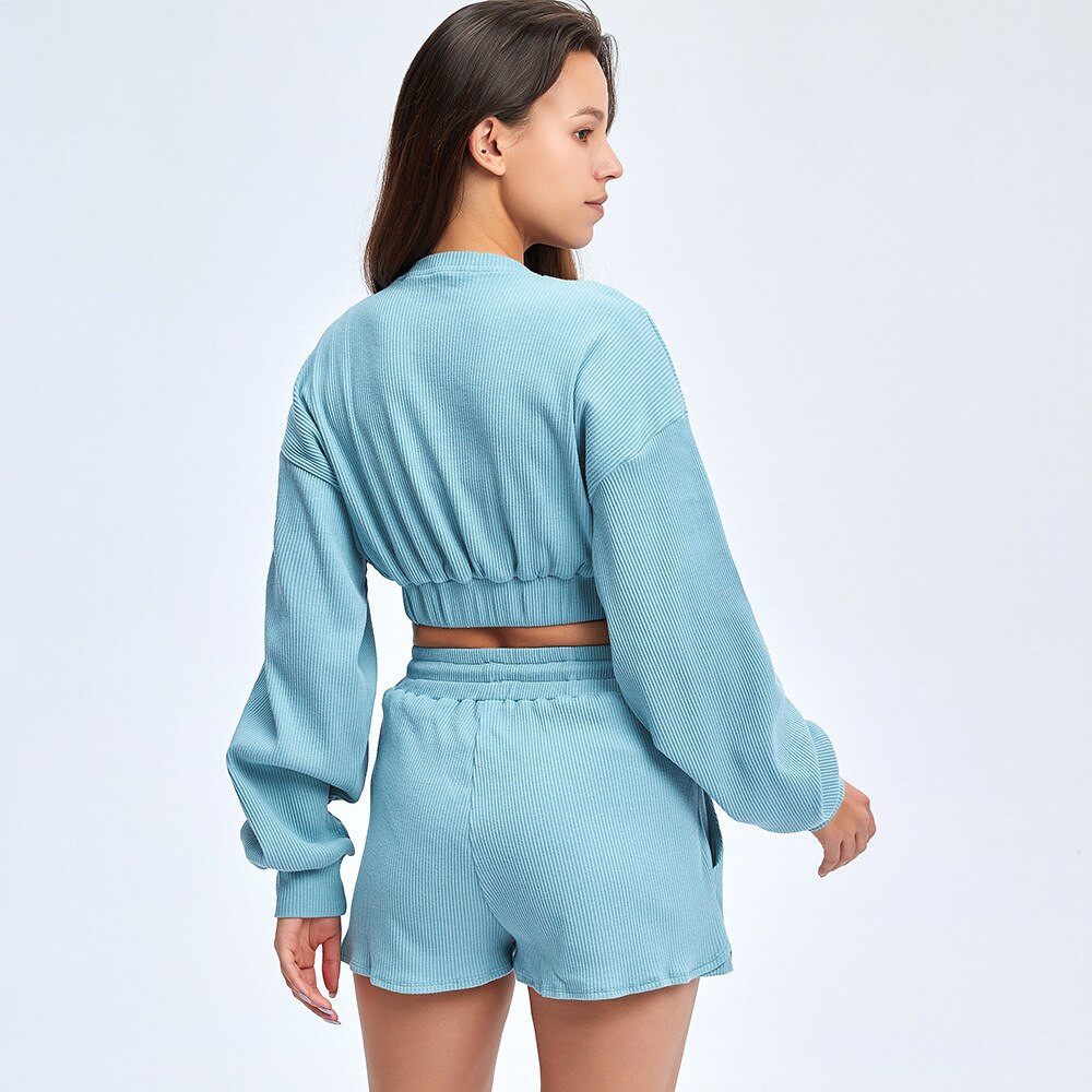 Women's Ribbed Cotton Sports Crop Top and Shorts Set