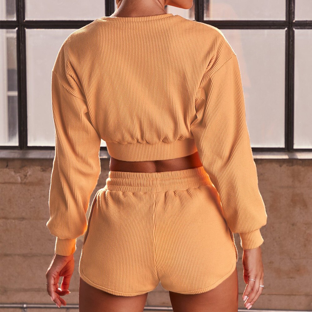 Women's Ribbed Cotton Sports Crop Top and Shorts Set
