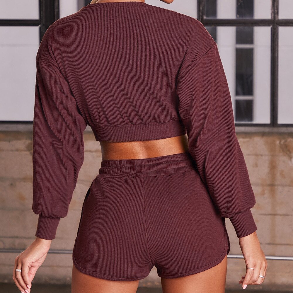 Women's Ribbed Cotton Sports Crop Top and Shorts Set