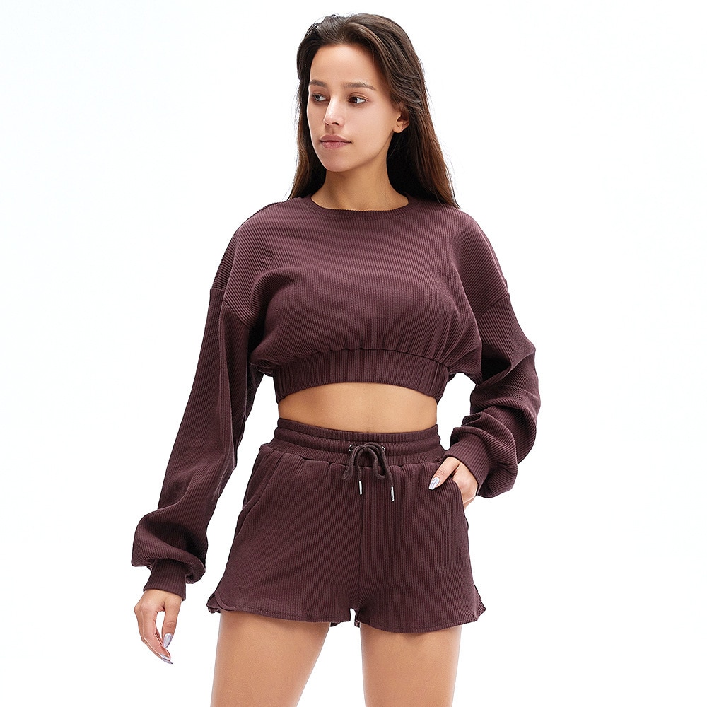 Women's Ribbed Cotton Sports Crop Top and Shorts Set