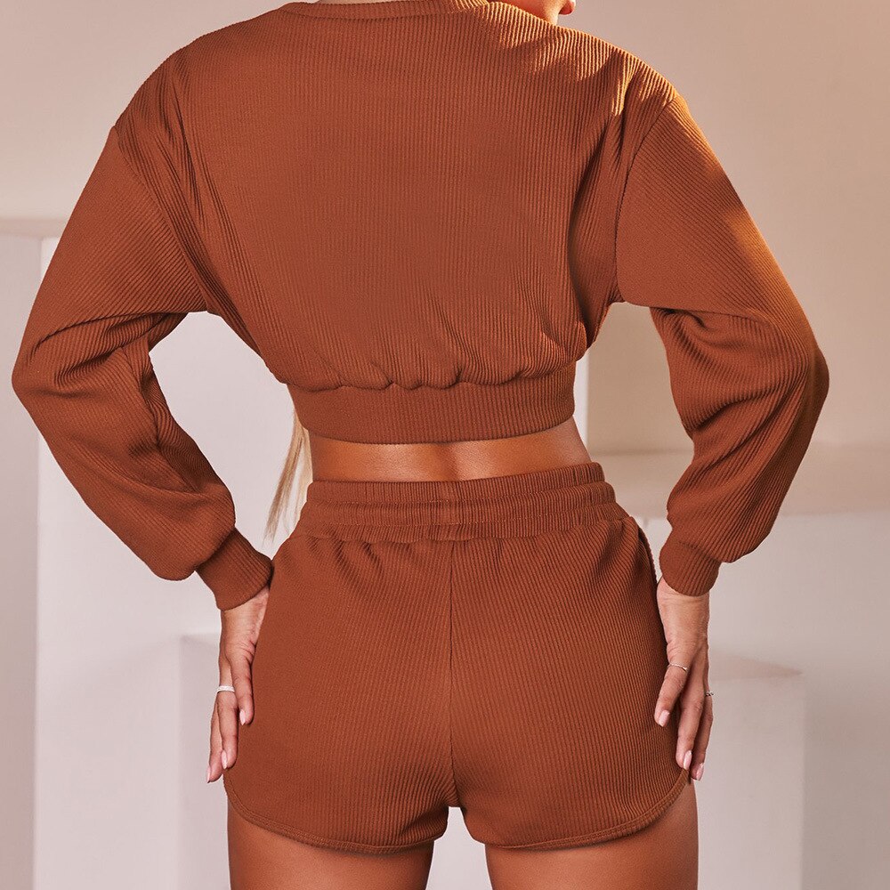 Women's Ribbed Cotton Sports Crop Top and Shorts Set