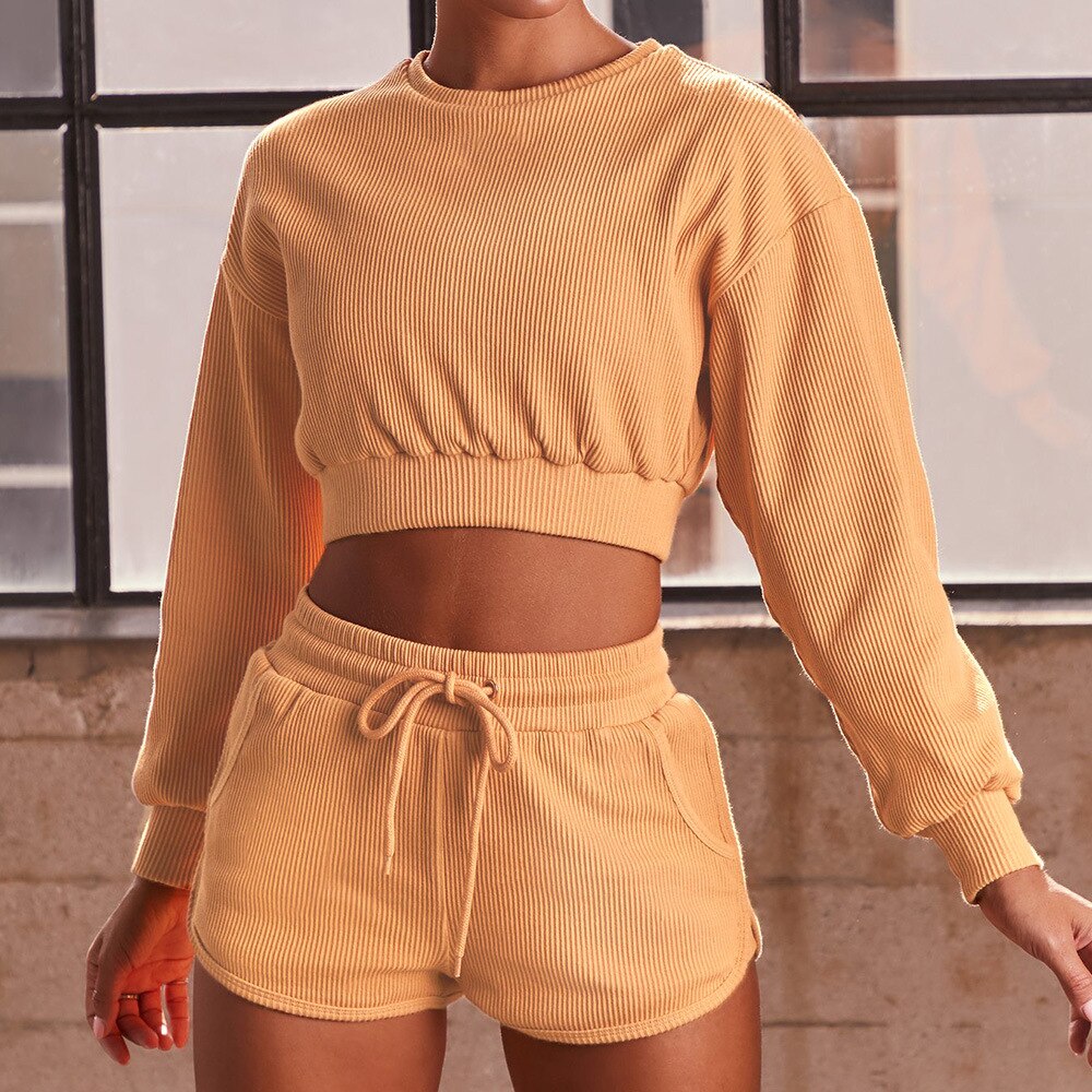 Women's Ribbed Cotton Sports Crop Top and Shorts Set