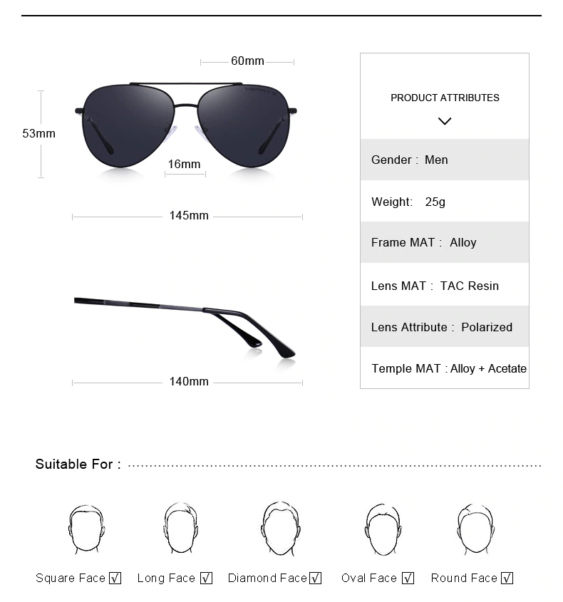 Men's Classic Pilot HD Polarized Sunglasses