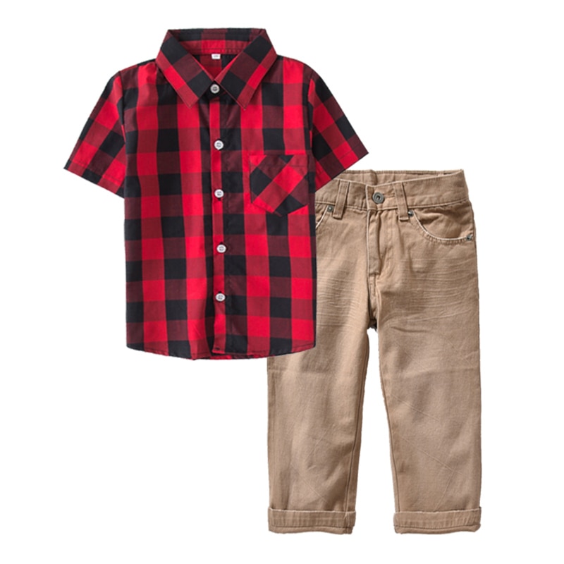 Casual Boys' Set of Cotton Plaid Shirt and Pants