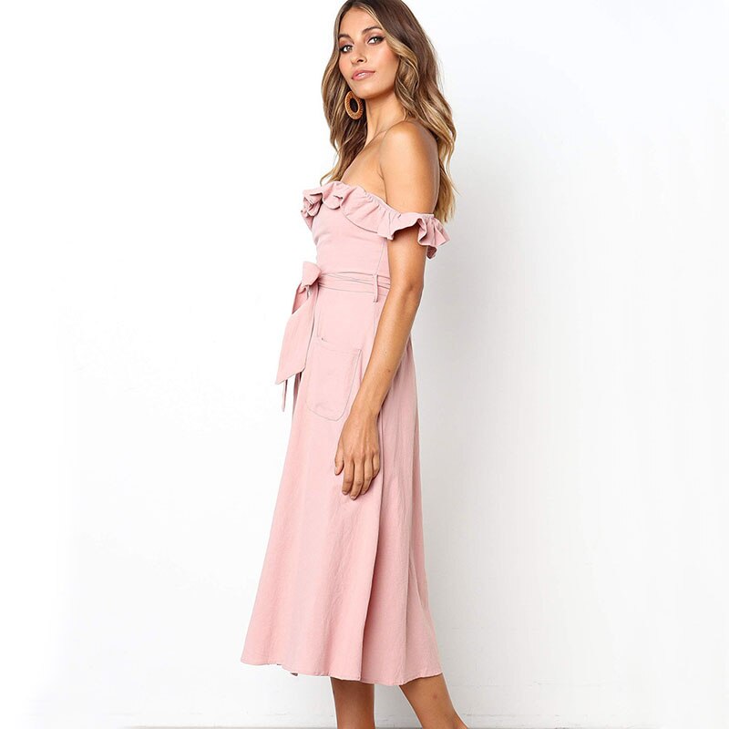 Women's Cotton and Linen Off Shoulder Midi Dress