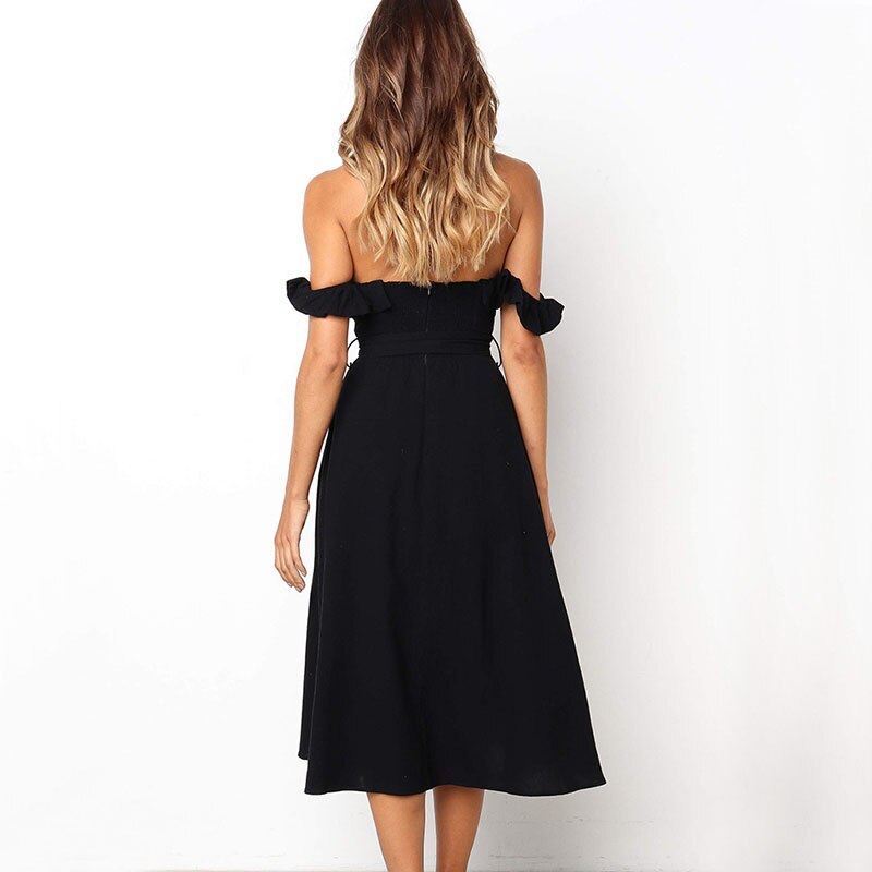 Women's Cotton and Linen Off Shoulder Midi Dress