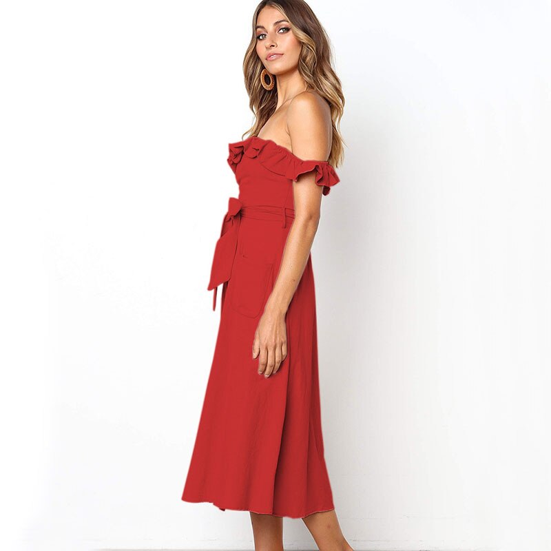 Women's Cotton and Linen Off Shoulder Midi Dress
