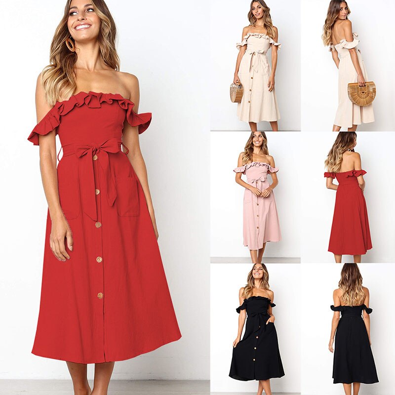 Women's Cotton and Linen Off Shoulder Midi Dress