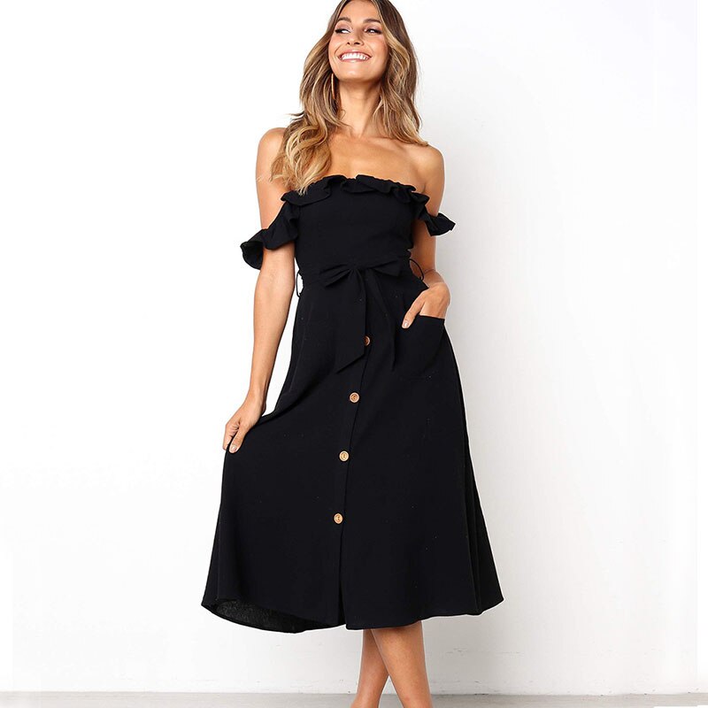 Women's Cotton and Linen Off Shoulder Midi Dress