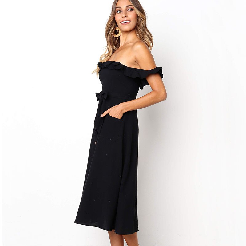 Women's Cotton and Linen Off Shoulder Midi Dress