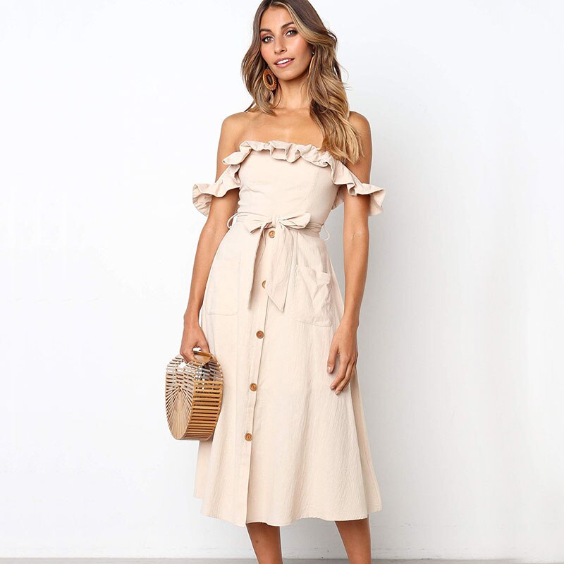 Women's Cotton and Linen Off Shoulder Midi Dress