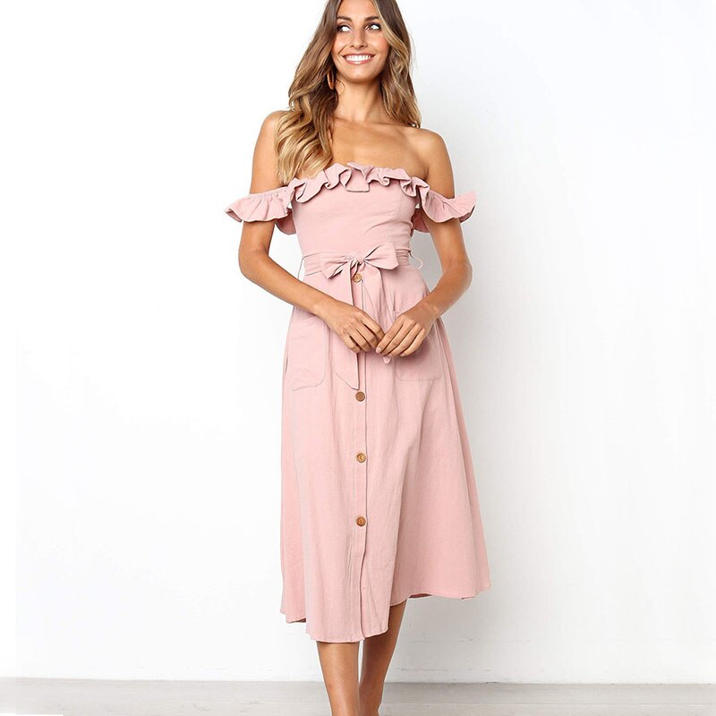 Women's Cotton and Linen Off Shoulder Midi Dress