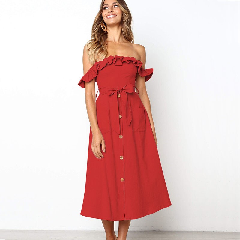 Women's Cotton and Linen Off Shoulder Midi Dress