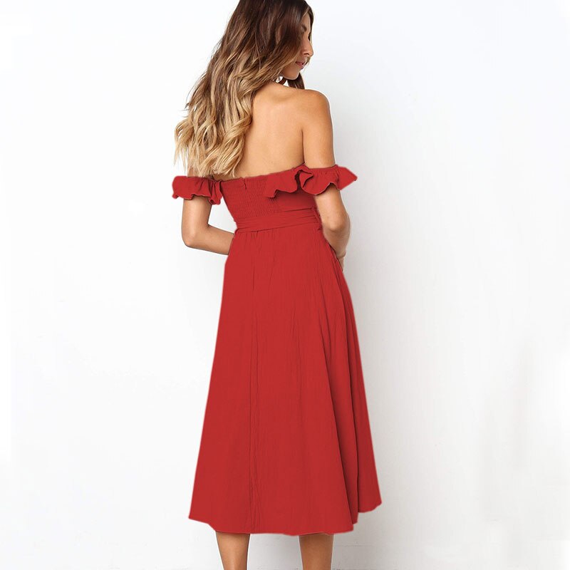 Women's Cotton and Linen Off Shoulder Midi Dress