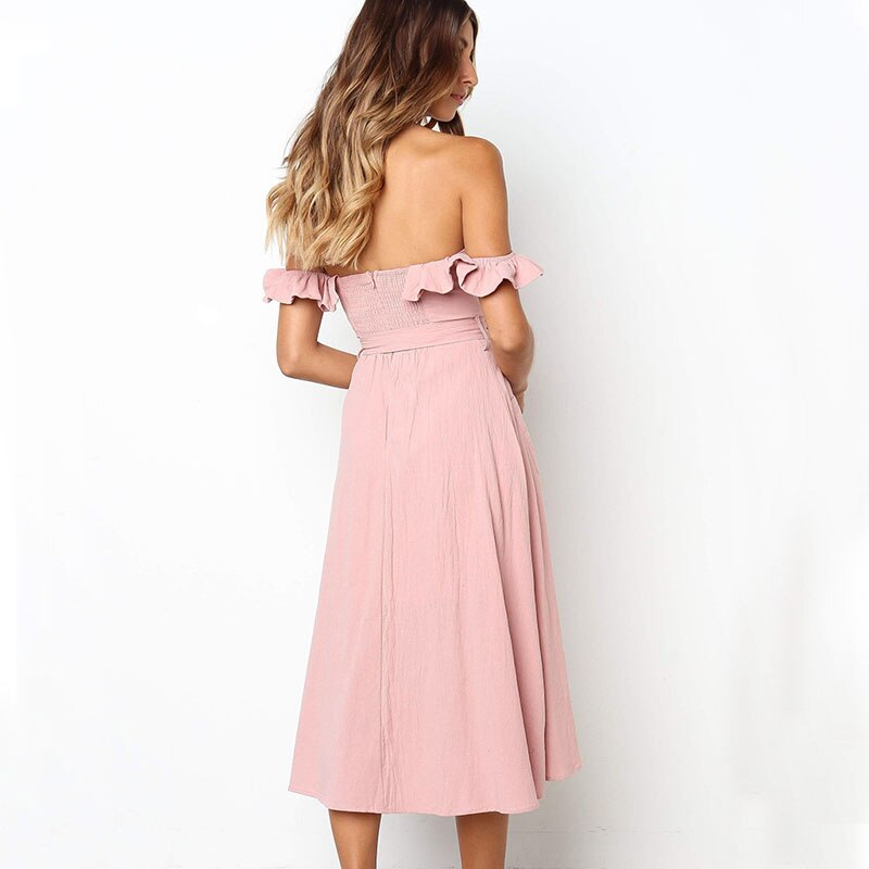 Women's Cotton and Linen Off Shoulder Midi Dress